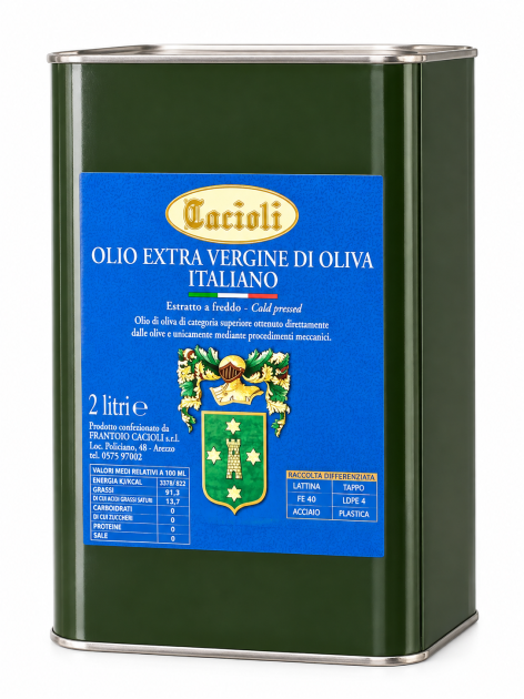 COLD PRESSED N° 2 Extra Virgin Olive Oil Tin 2 Lt  100 % ITALIANO  Production 26/27 Frantoio Cacioli